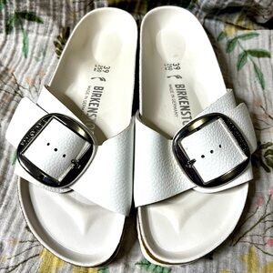 Birkenstock Madrid Big Buckle White Pebbled Leather Sandals